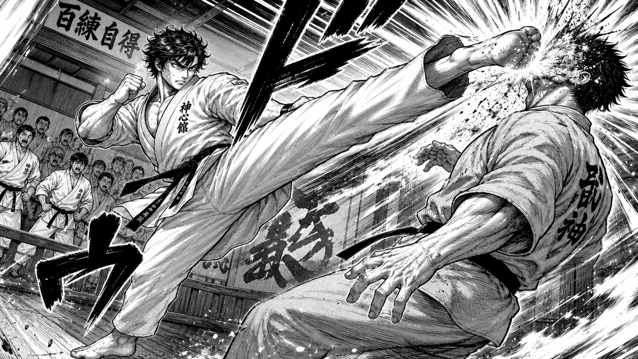 AI comic book maker manga fighter mid-air kick with speed lines and screen tones