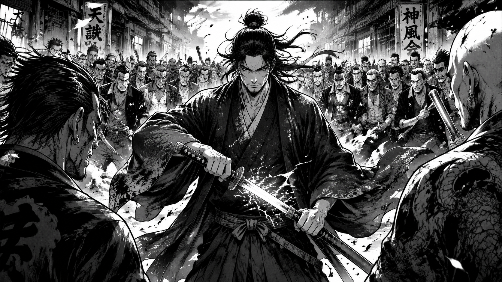 AI comic book maker ronin vs gang showdown with ink-wash textures