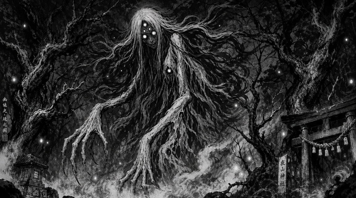AI comic book maker yokai horror panel with supernatural creatures and heavy shadows