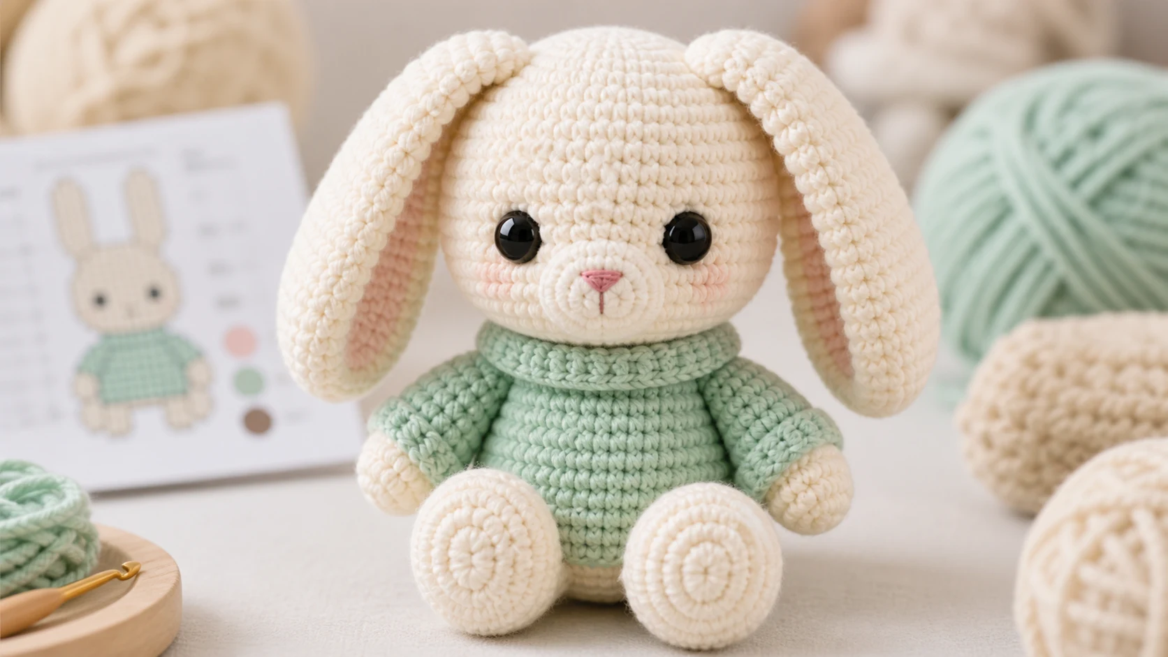 AI crochet patterns free idea showing a cream amigurumi bunny with mint sweater