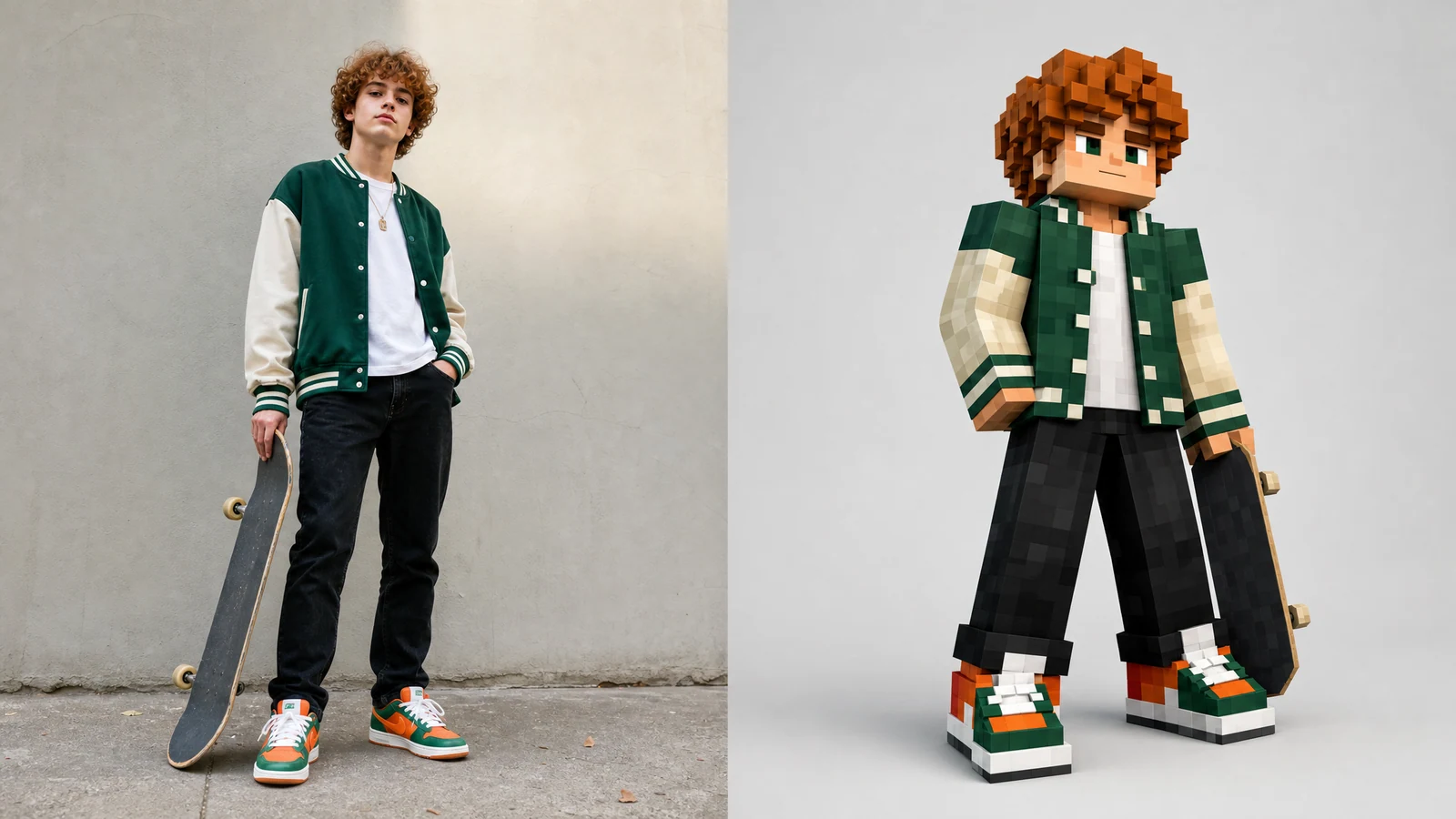 Minecraft skin generator AI example converting a realistic skateboarder reference into a blocky voxel skin