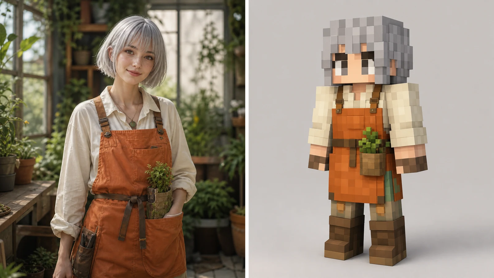 AI Minecraft skin generator from image example with a fantasy gardener converted into a voxel skin
