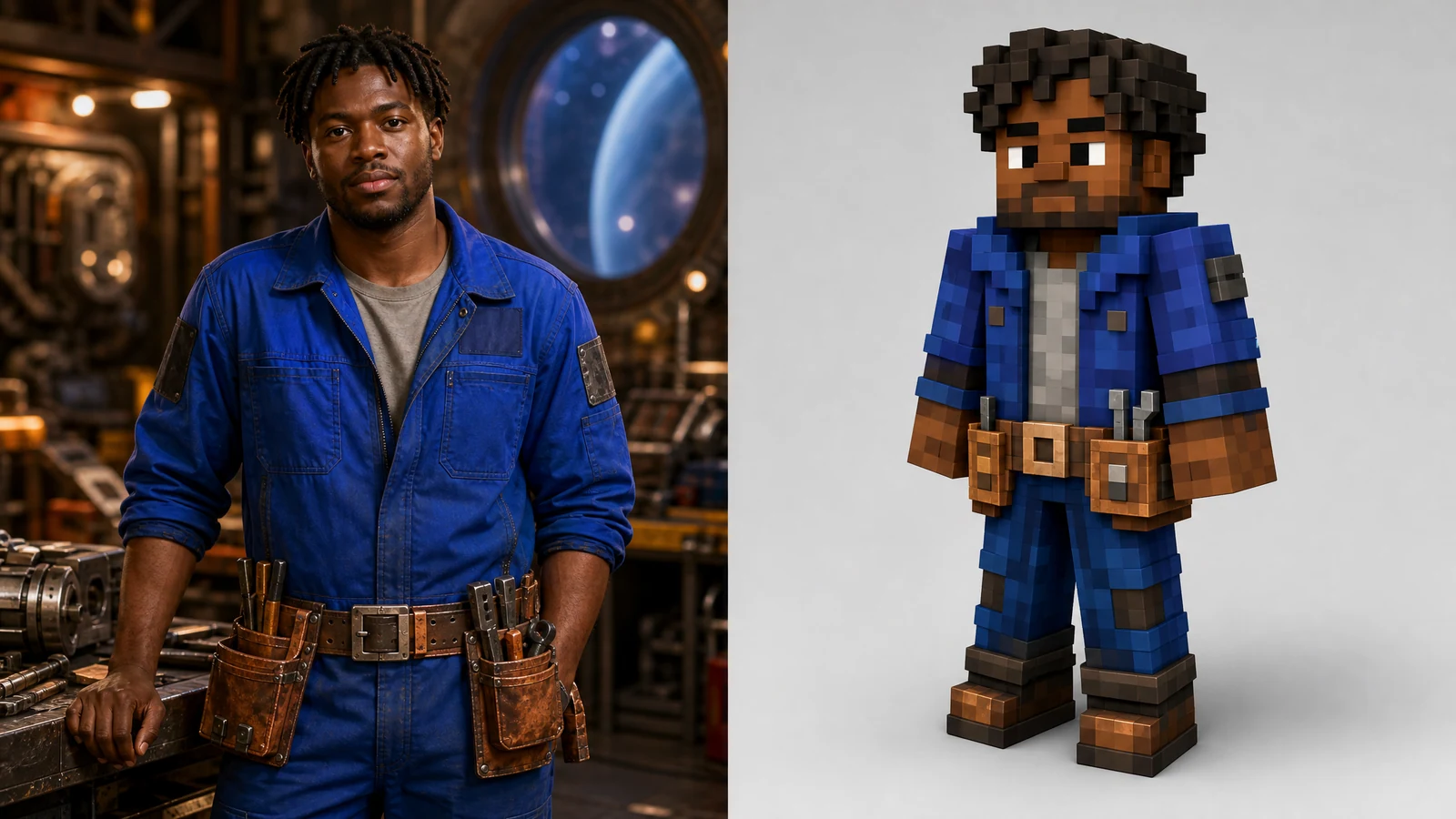 AI Minecraft skin generator free example turning a space mechanic photo reference into a blocky game skin