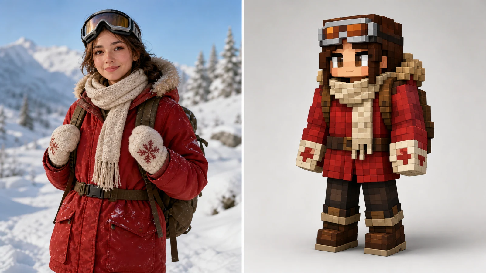 AI Minecraft skin generator game avatar showcase with a winter explorer converted into a voxel skin