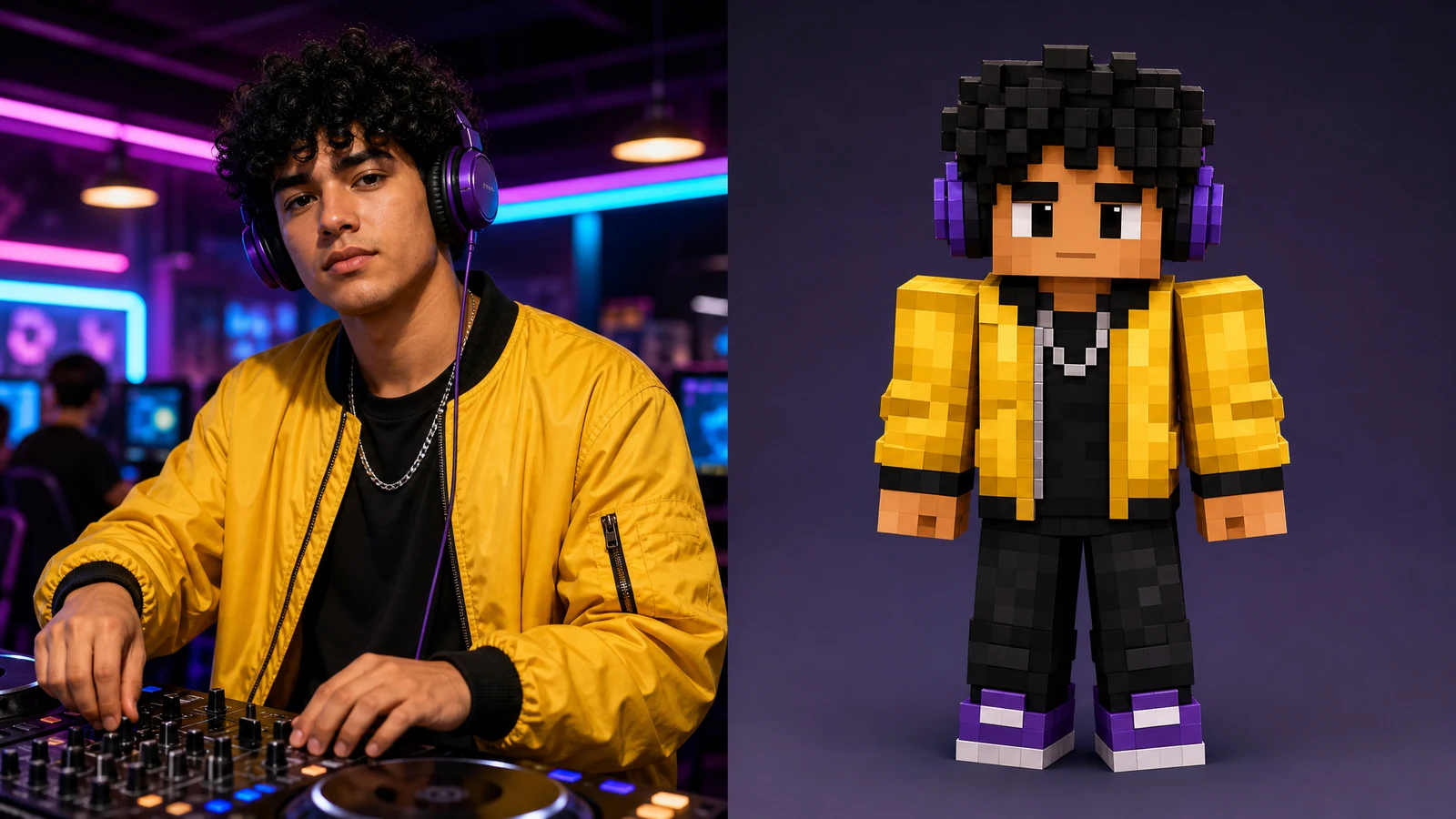 Minecraft skin generator AI showcase converting an original cyber cafe DJ into a blocky voxel skin