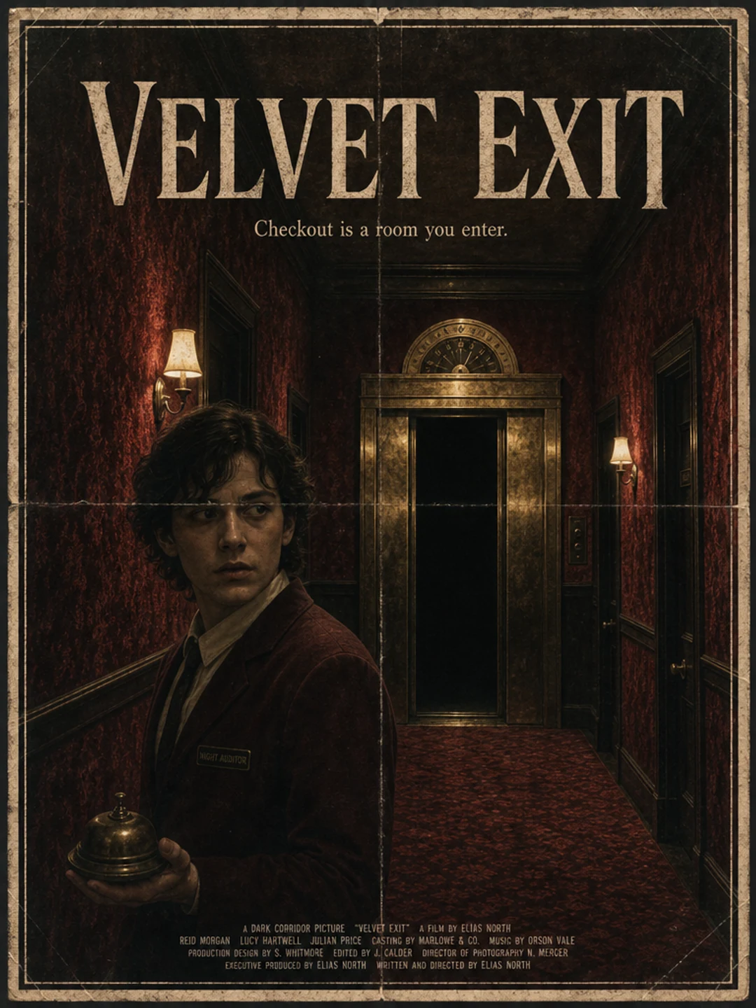 AI horror movie poster generator example for the fictional psychological thriller Velvet Exit