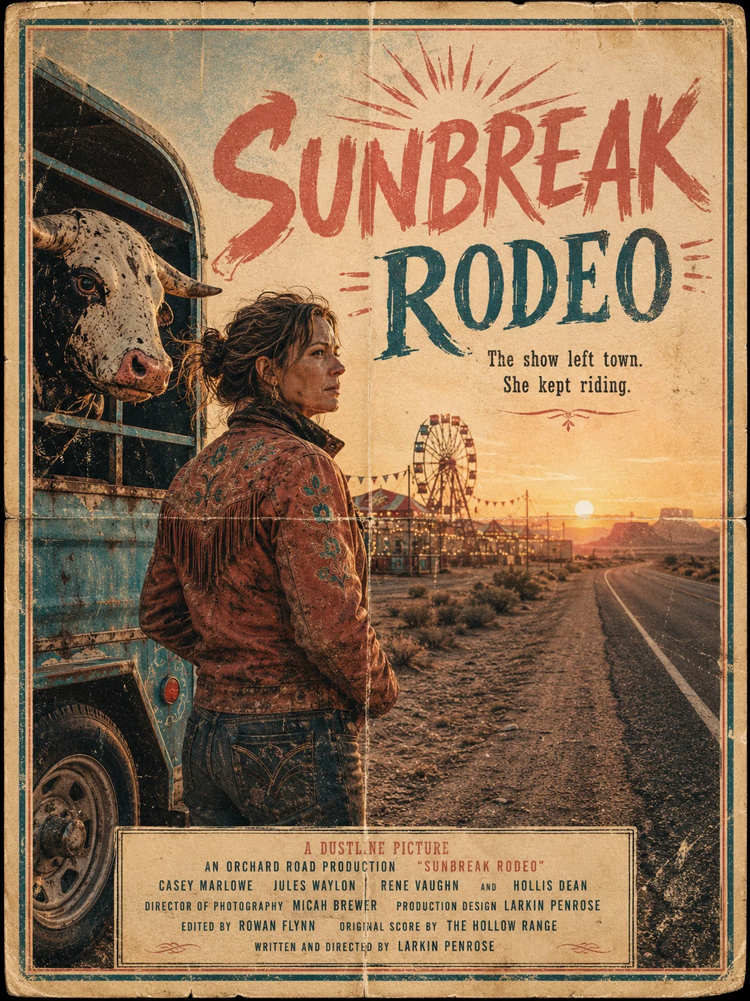 AI vintage movie poster generator example for the fictional desert adventure Sunbreak Rodeo