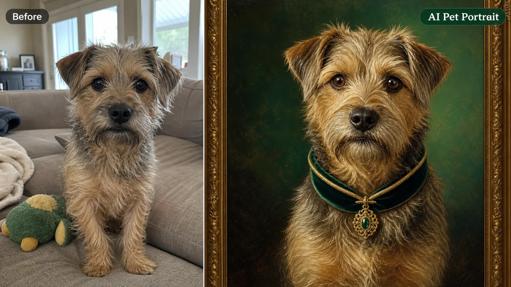 AI pet portrait generator showing a terrier photo transformed into a royal custom pet portrait