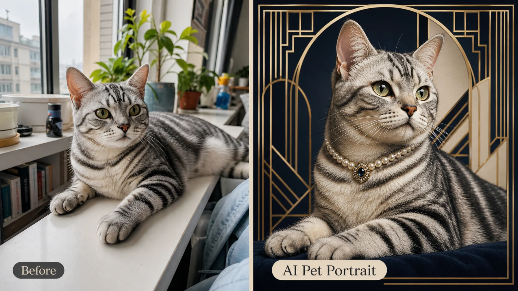 Pet portrait AI example transforming a tabby cat photo into an art deco custom pet portrait