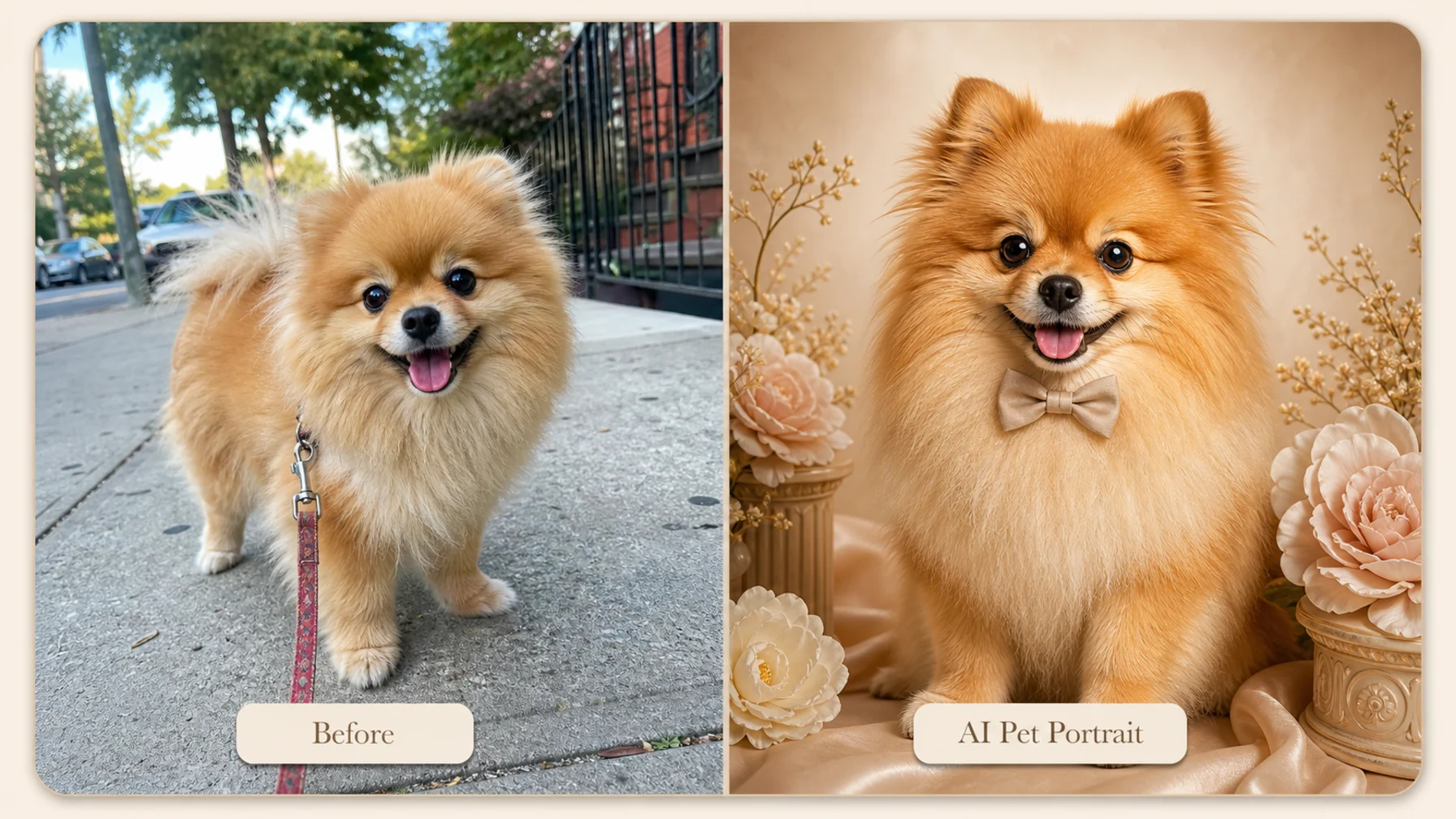 AI pet portrait generator example creating a polished Pomeranian editorial pet portrait
