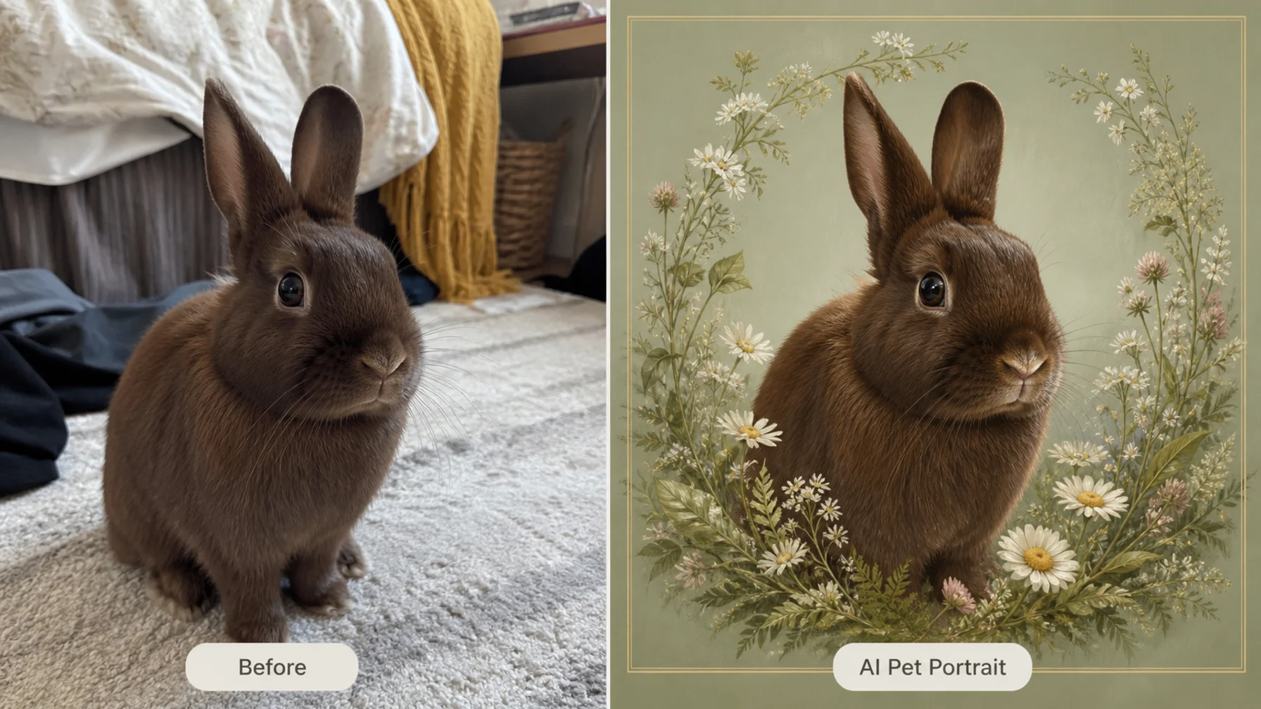 AI pet portrait generator example turning a rabbit snapshot into a botanical custom pet portrait