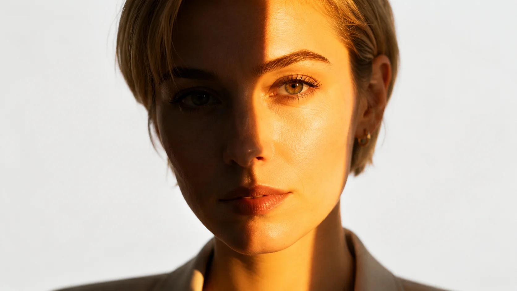 AI photo relighting feature showing a portrait relit with studio-style two-light setup