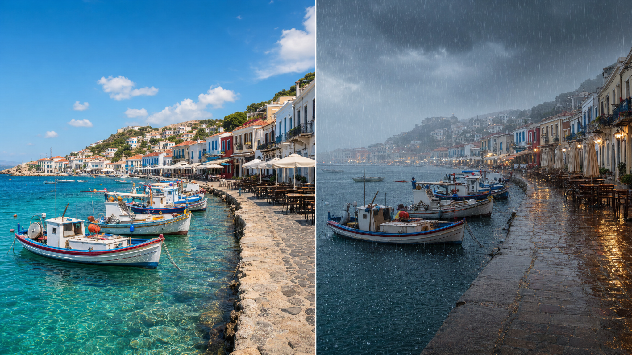 AI rain effect on photo online case study Mediterranean harbor transformed with heavy rain by travel photographer Elena Vasquez