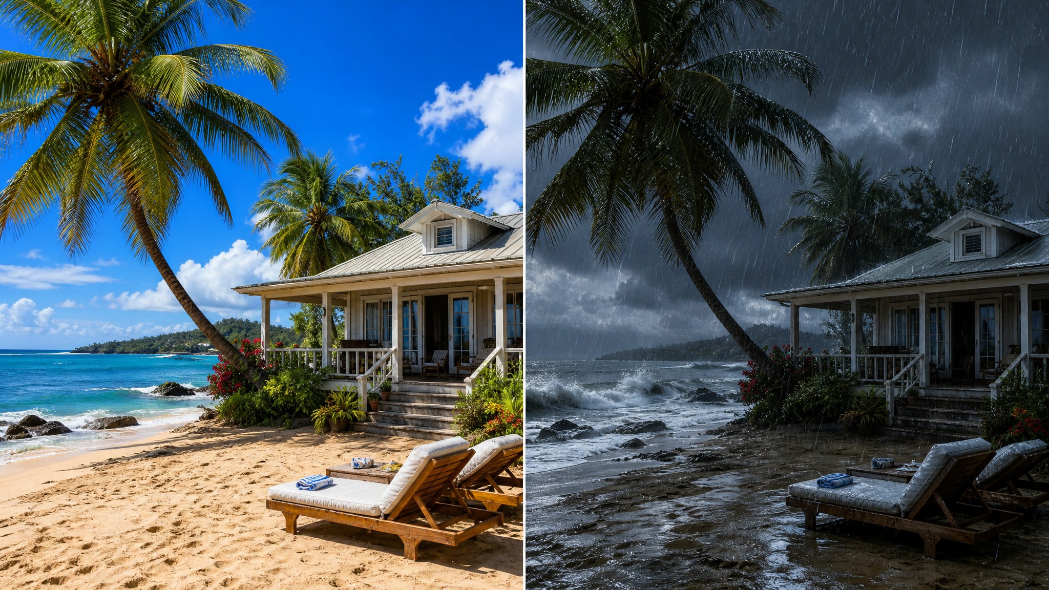 AI rain effect on photo online case study countryside farm weather transformed into a dramatic rainy scene for e-commerce campaign