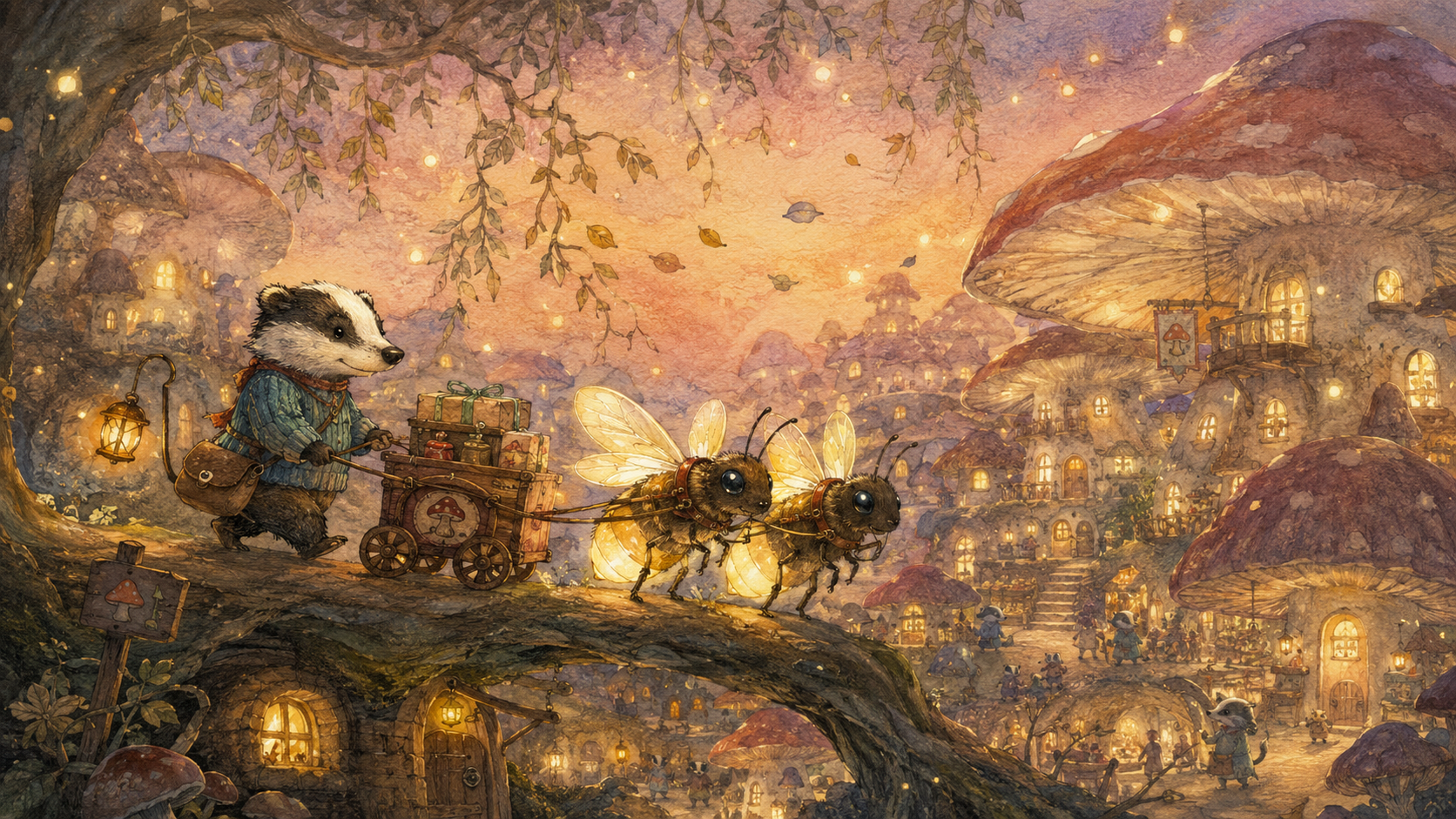 Bedtime story videos for 5 year olds — AI generated badger village scene for personalized bedtime routine