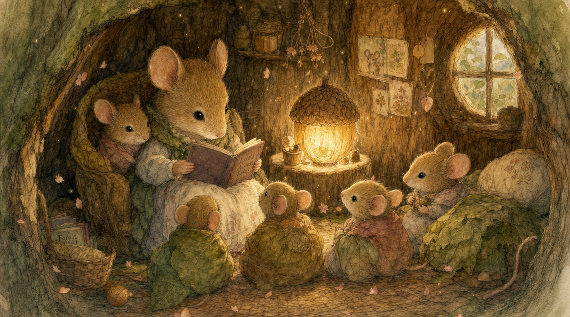 Storytime online videos — AI generated mouse family scene used by a librarian for remote families