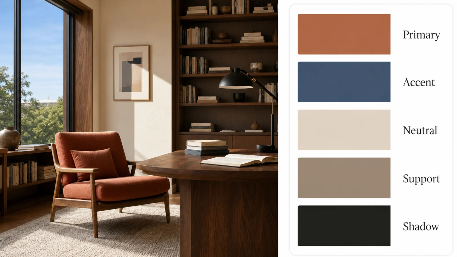 Color palette by image for an interior design scene with role-labeled swatches