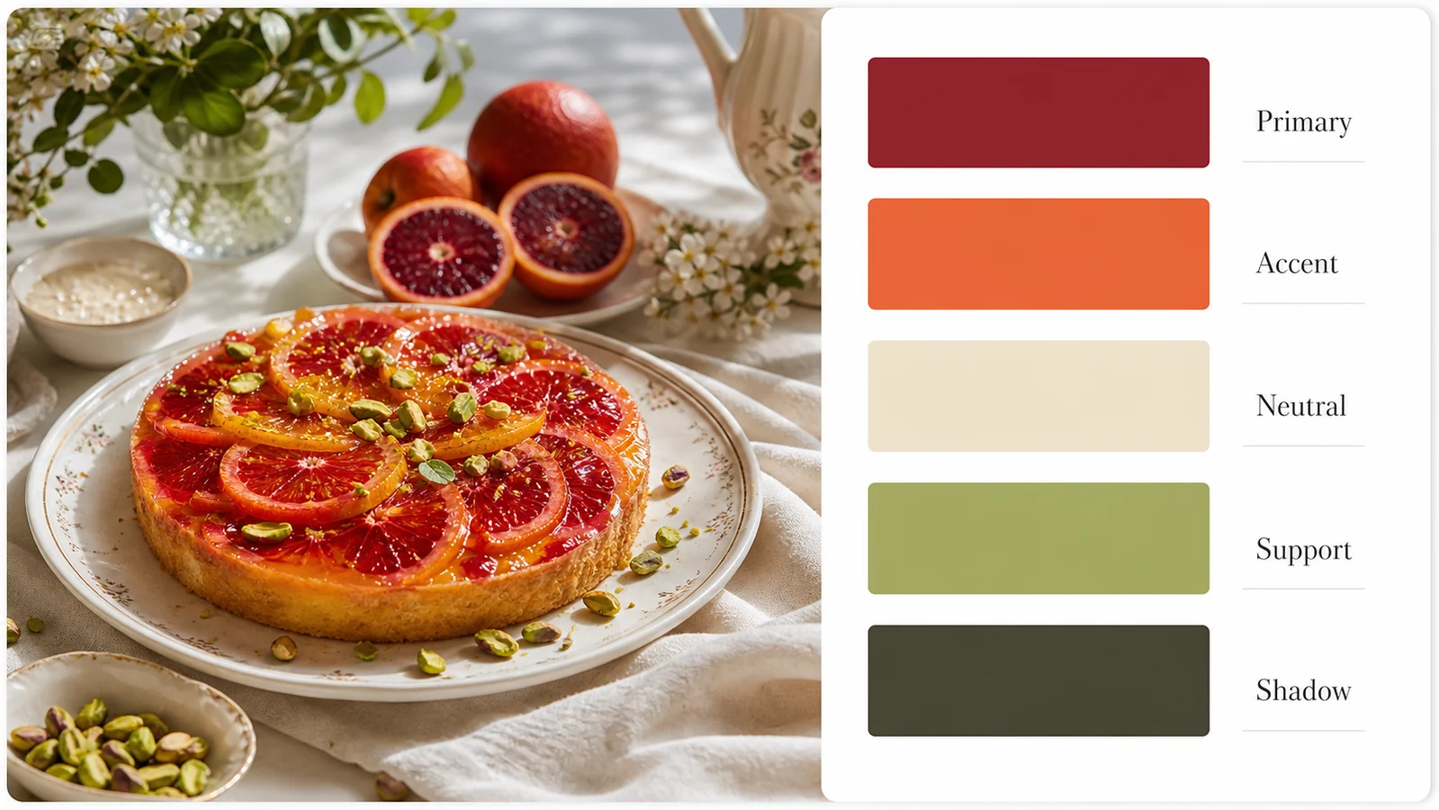 Color palette by image report for food photography with five clean swatches