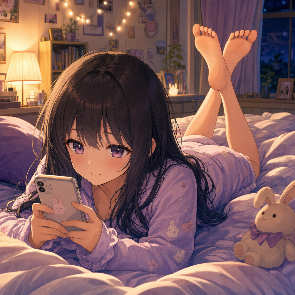 Anime feet creator result showing a girl relaxing on a bed with bare feet up after a long day