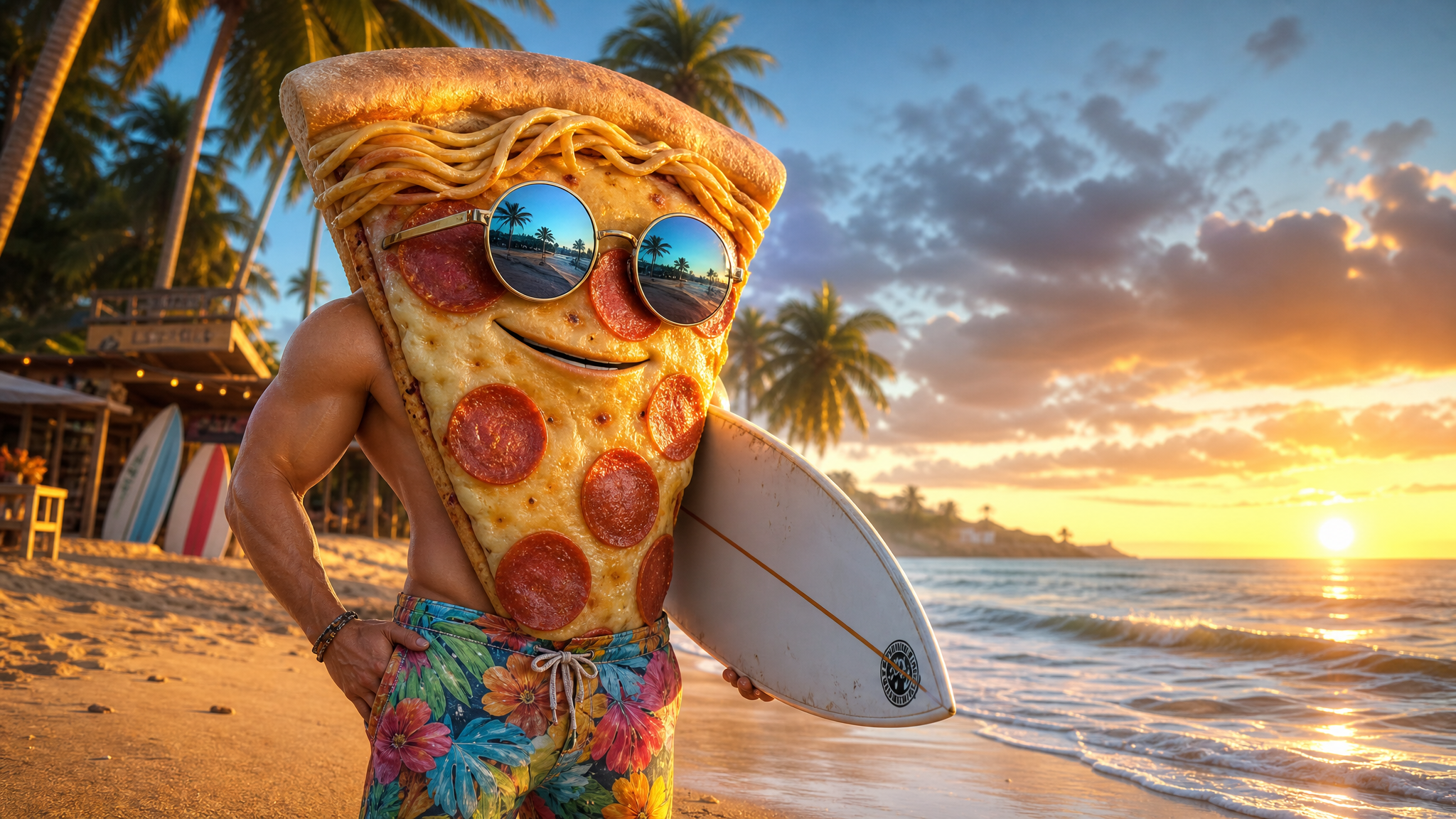 Goofy AI images case study showing a pizza surfer character for YouTube thumbnail creation