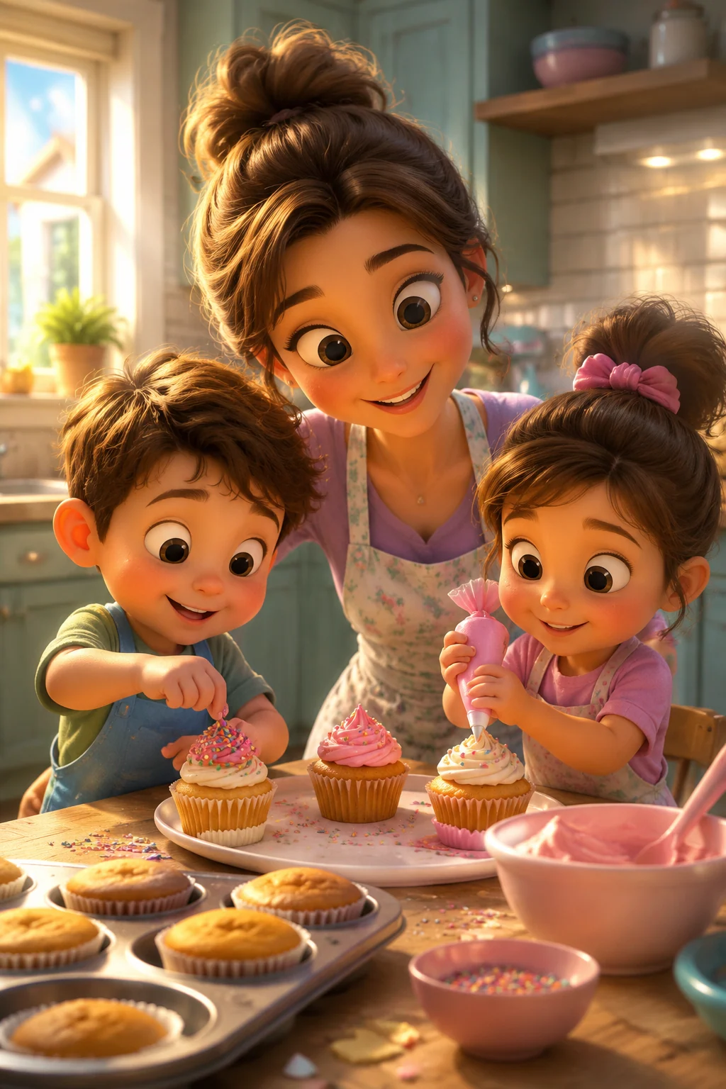 Pixar 3D Mother's Day AI prompt example — animated mom holding daisies and a handmade card in a cosy living room