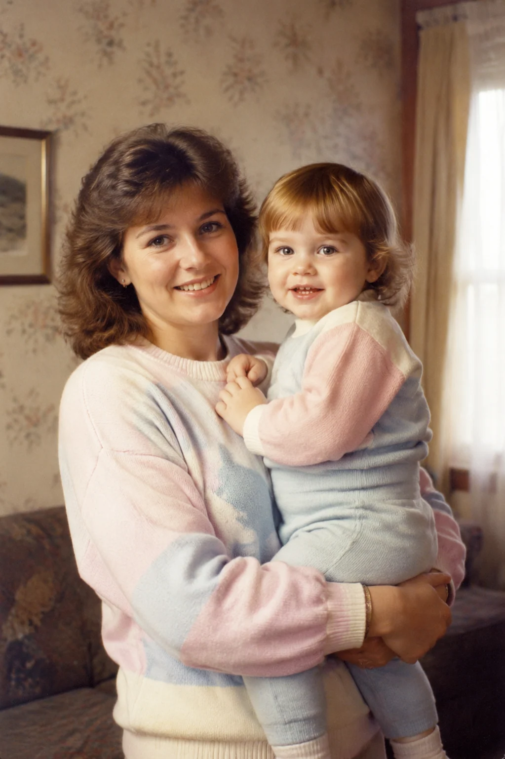 Mother's Day prompt seen on TikTok — 1980s film camera flashback portrait with floral wallpaper and date stamp