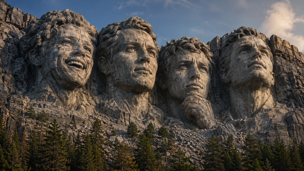 Mount Rushmore face generator example with four fictional friends carved into weathered stone