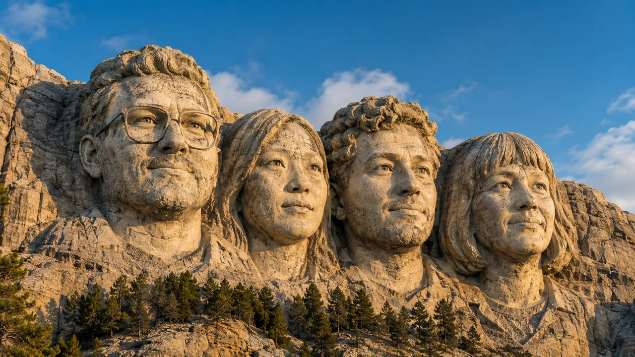 Mount Rushmore meme generator image showing a fictional startup team carved into a mountain