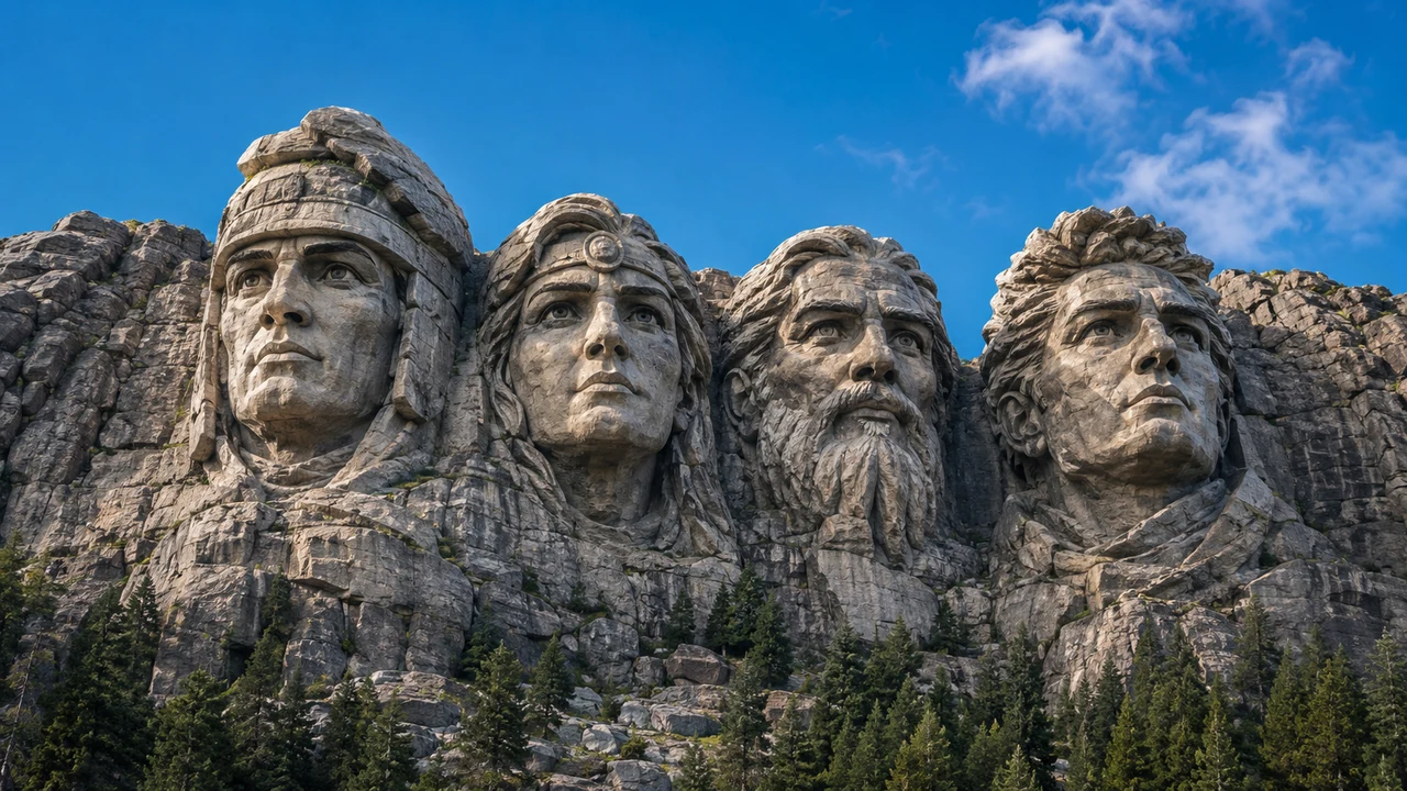Mount Rushmore creator AI showcase with four original community legends carved into stone