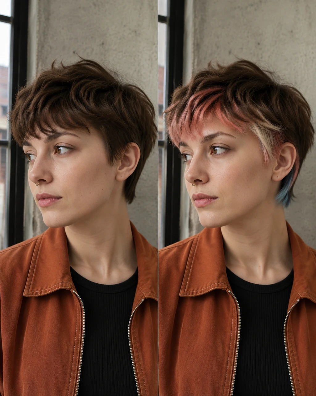 Neapolitan peekaboo hair preview with strawberry pink vanilla blonde chocolate brown and subtle blue accent