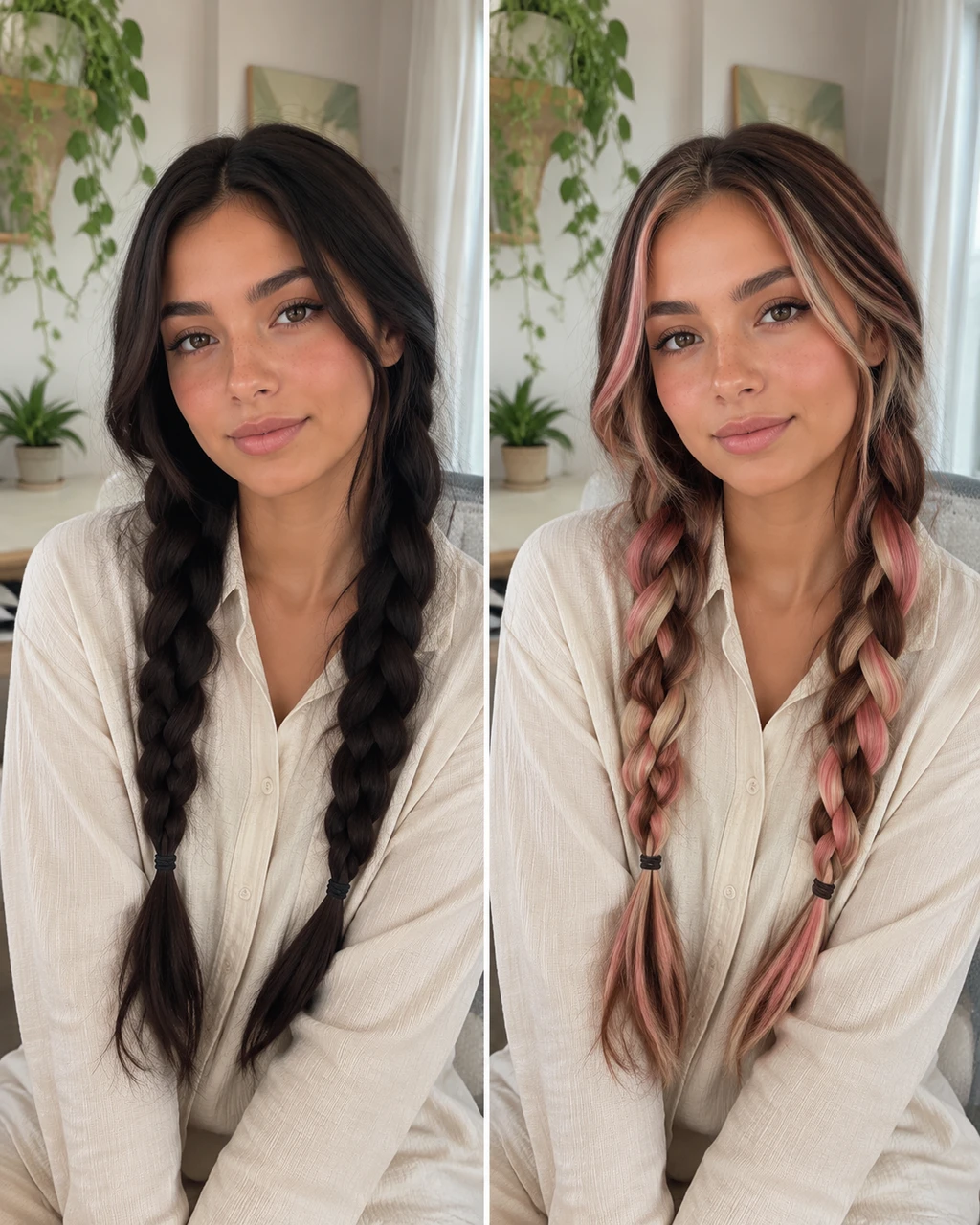 Pink brown blonde hair woven through loose braids with a realistic neapolitan hair filter