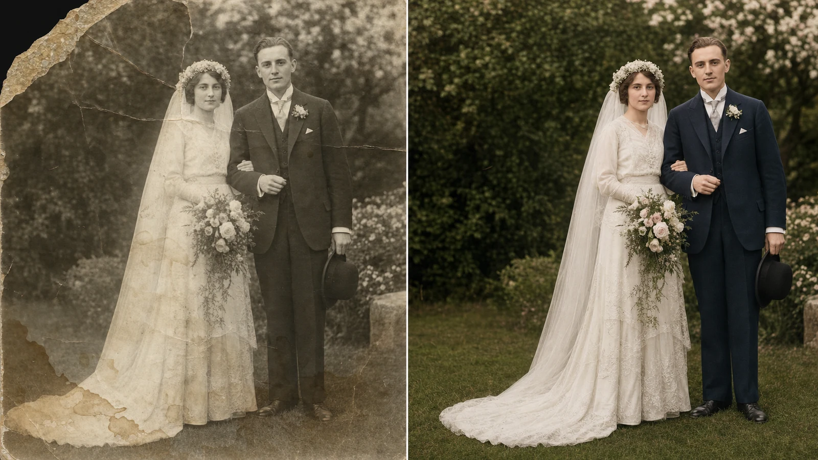 Old photo restorer online example repairing a faded wedding portrait with natural colorization