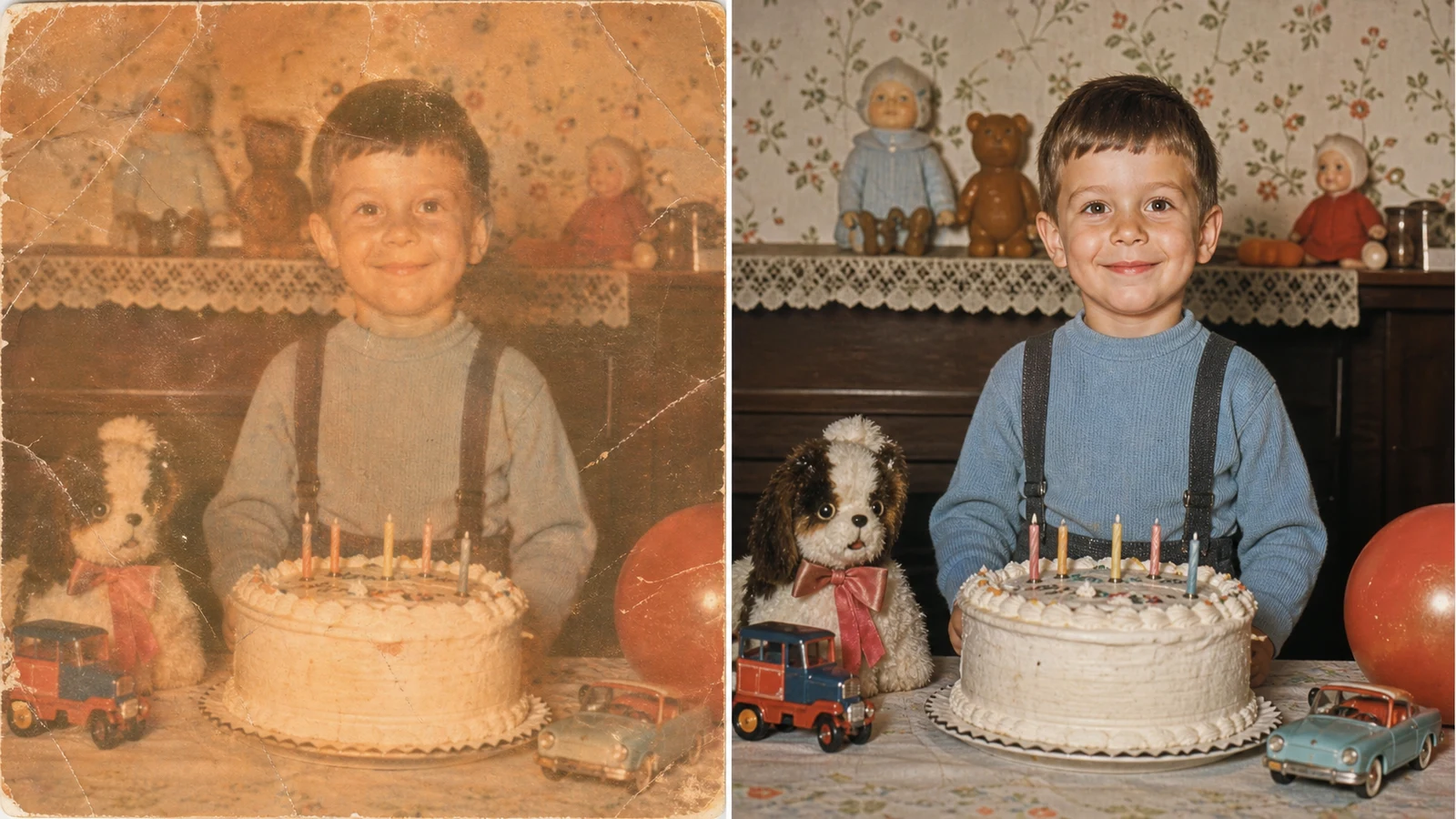 AI old photo restorer and colorizer example turning a faded childhood snapshot into a clean color result