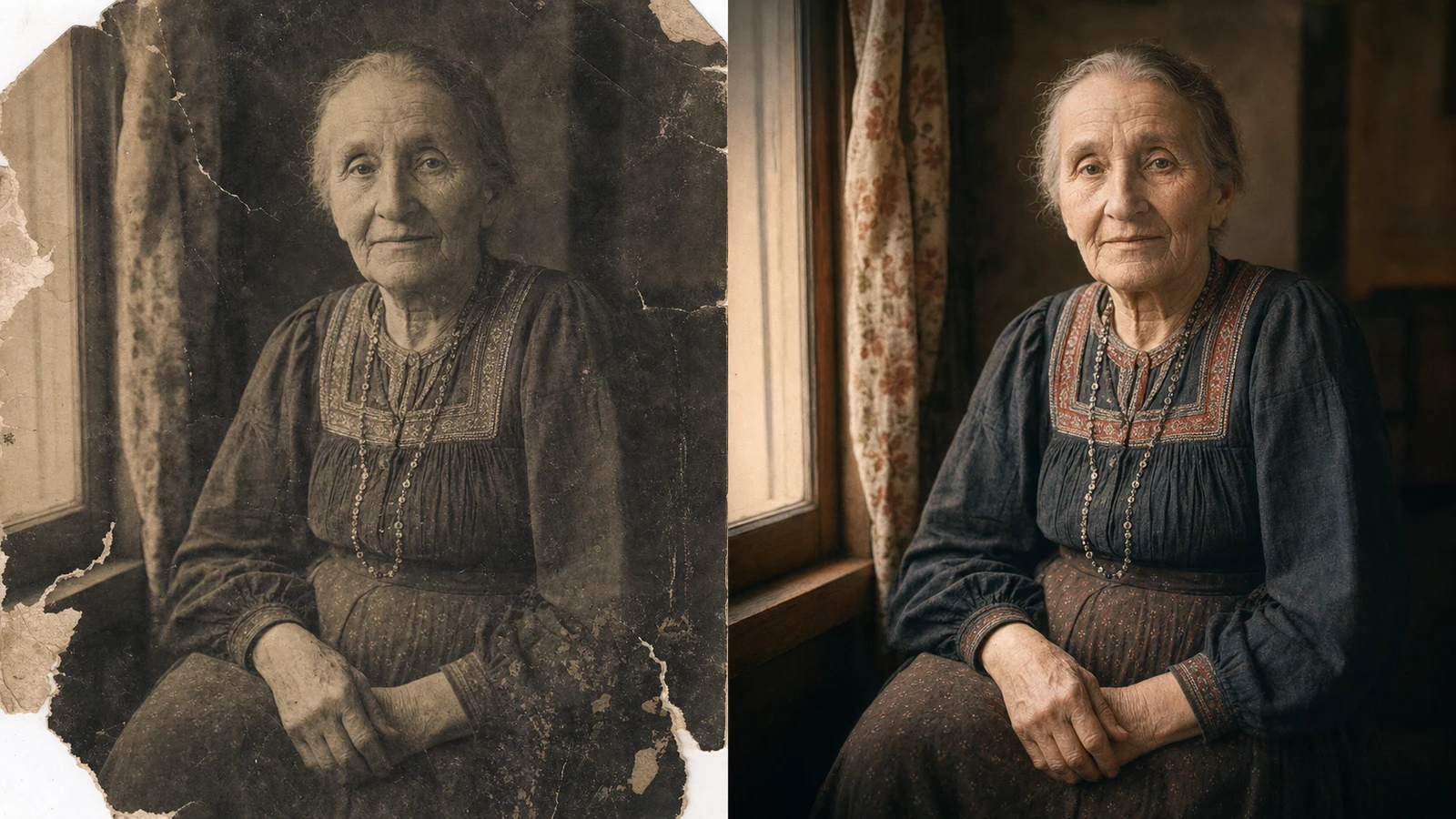 Old photo to new 4K online restoration preserving the identity and vintage character of an elderly portrait