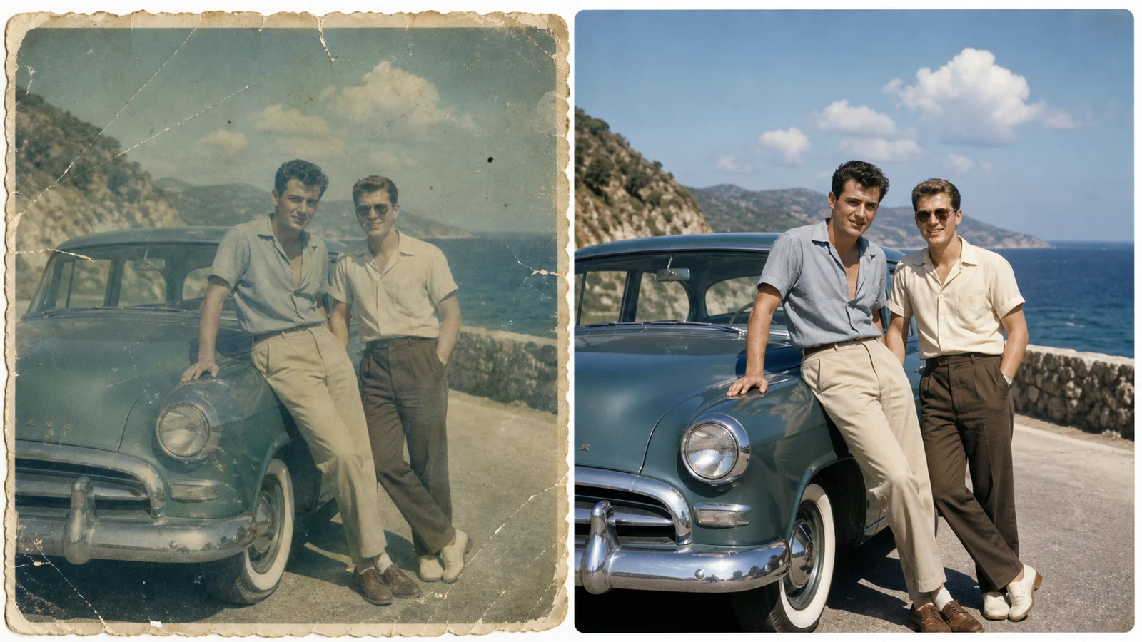 Best old photo restorer example repairing a faded travel snapshot while preserving the original people and era