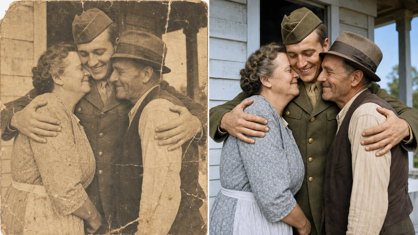 AI old photo restorer colorizer upscaler example for a damaged military homecoming portrait
