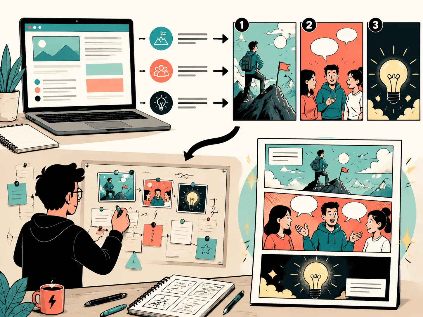 Webpage sprouted into comic storyboard