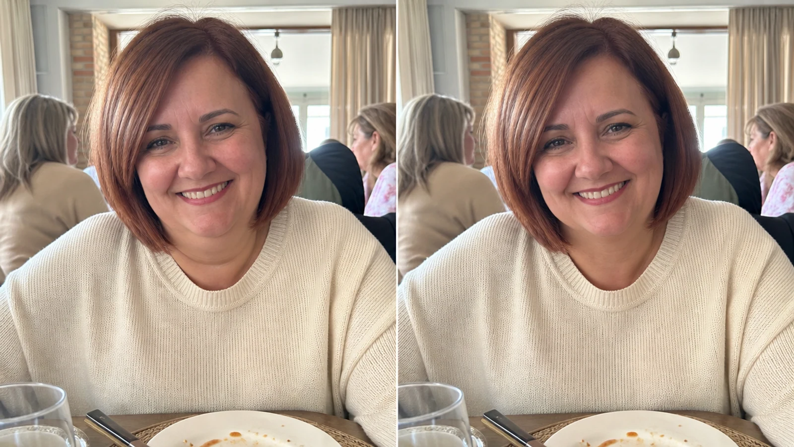 Subtle edit double chin out of photo example for a warm candid portrait