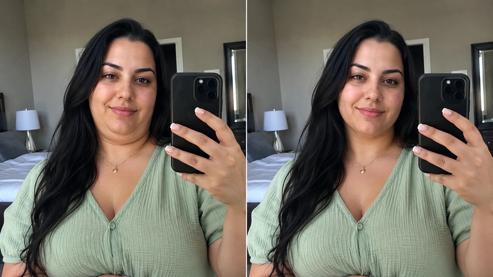 Before and after comparison for editing out a double chin in an indoor portrait