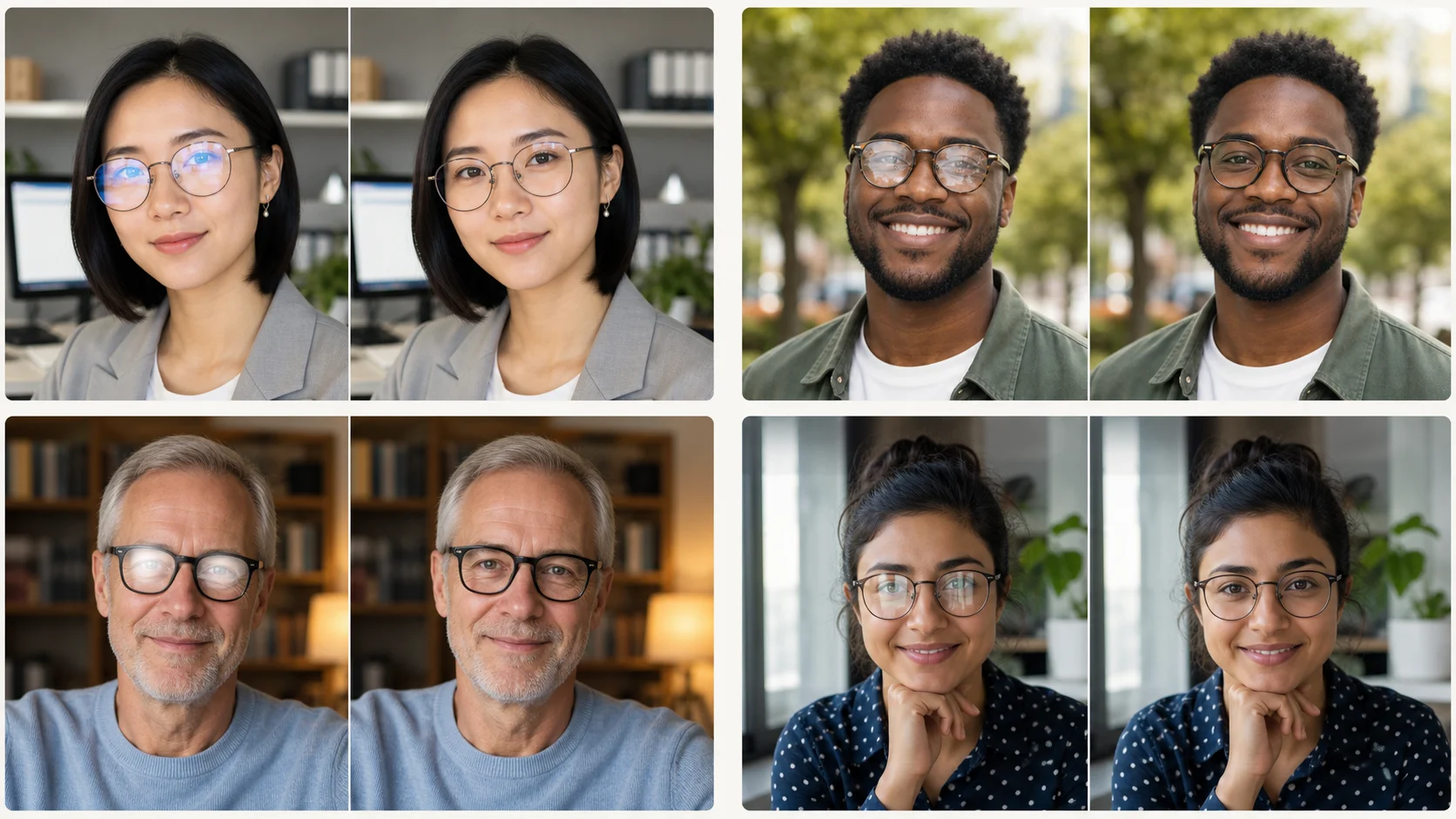 Team portrait library with consistent glare removal across all member photos
