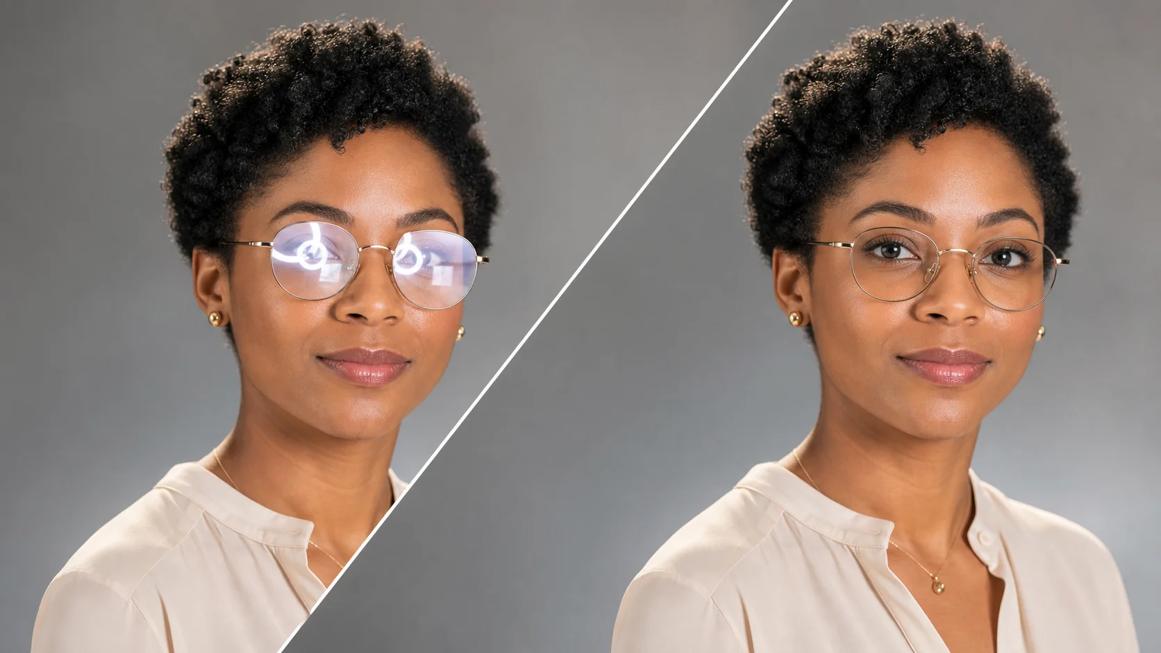 Batch portrait cleanup showing consistent glare removal results across different photos