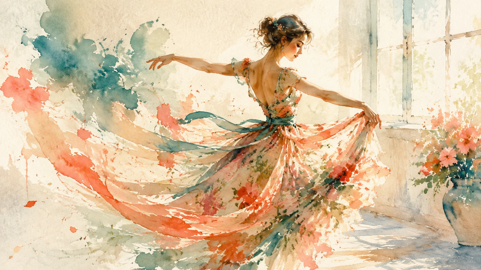 seedance 2.1 watercolor painted dancer flowing brush strokes artistic