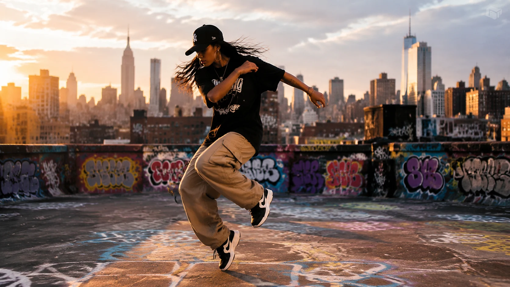 seedance 2.1 hip-hop dancer rooftop golden hour urban city skyline