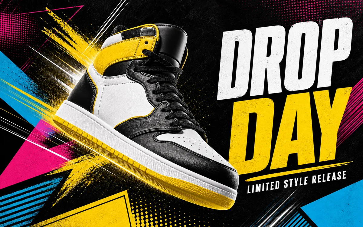Drop-day sneaker poster concept with bold campaign graphics