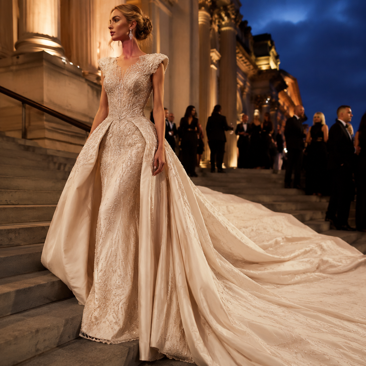 Met Gala prompt idea: sweeping couture gown with beaded bodice and sculptural shoulders on the Met steps