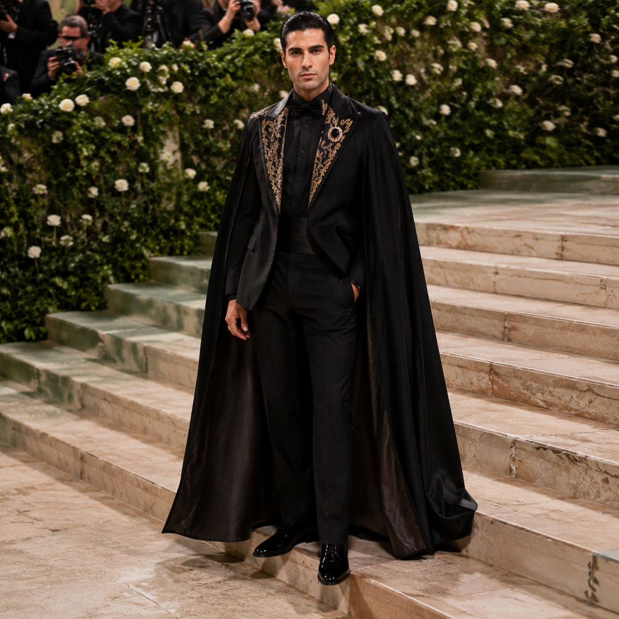 Met Gala prompt for men idea: tailored tuxedo with satin cape and embroidered lapels on the red carpet